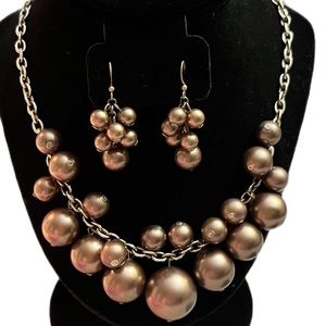 Brown metallic beaded necklace and earring set
